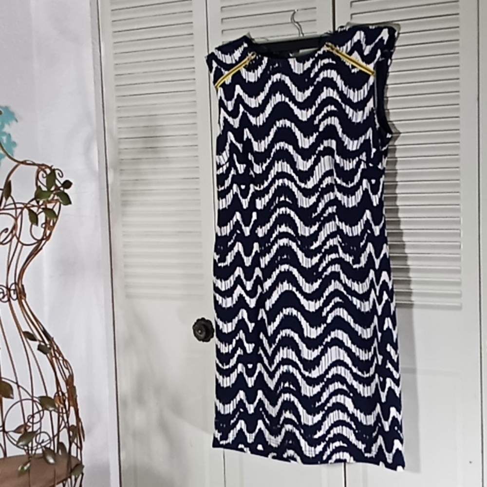 Karin Stevens Navy White Sleeveless Dress Size 8 Shoulder Zippers Chic
